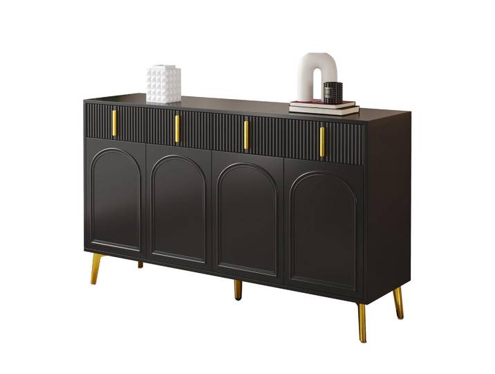 Modfu Kommode aus MDF 140x38x82cm in Schwarz mit 4 Türen & 4 Schubladen, 140x82x38 cm, Kleinmöbel, Kommoden, Kommoden