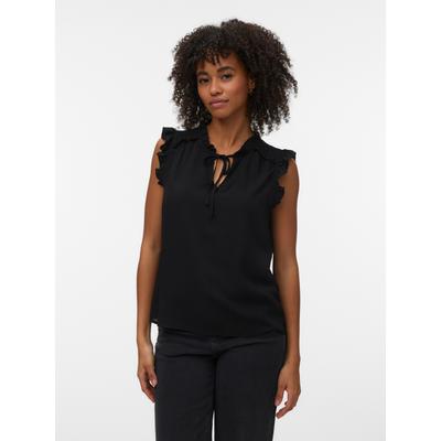 Rüschentop VERO MODA "VMALBA SL FRILL TOP WVN NOOS", Damen, Gr. M, schwarz, Jersey, Obermaterial: 100% Viskose, unifarben, normal, Rundhals, Tops Rüschentop, Viskose