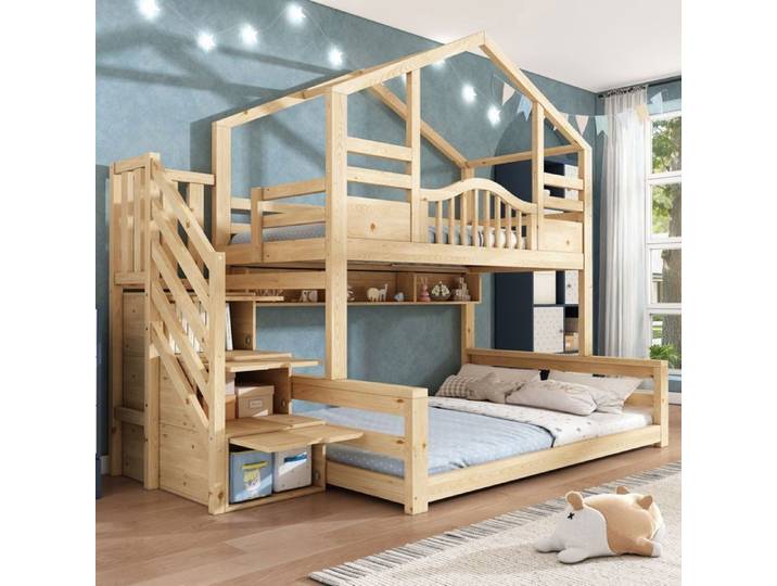 Lit Superposé Enfant avec rangement avec 90x200 partie supérieure et 140x200 partie inférieure bois naturel Naturel