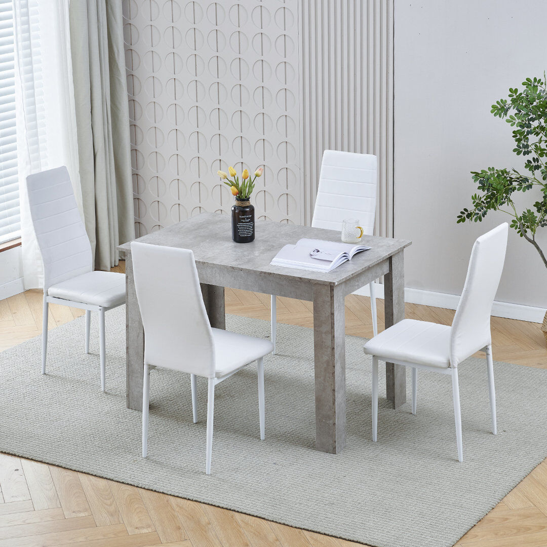17 Stories Dining Set White Line Leather Chairs#4