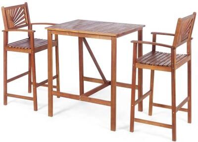Costway 3 Pieces Acacia Wood Patio Bar Set with Sunflower Patterned Backrest
