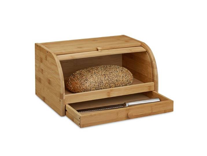 Relaxdays Rollbrotkasten mit Schublade Bambus