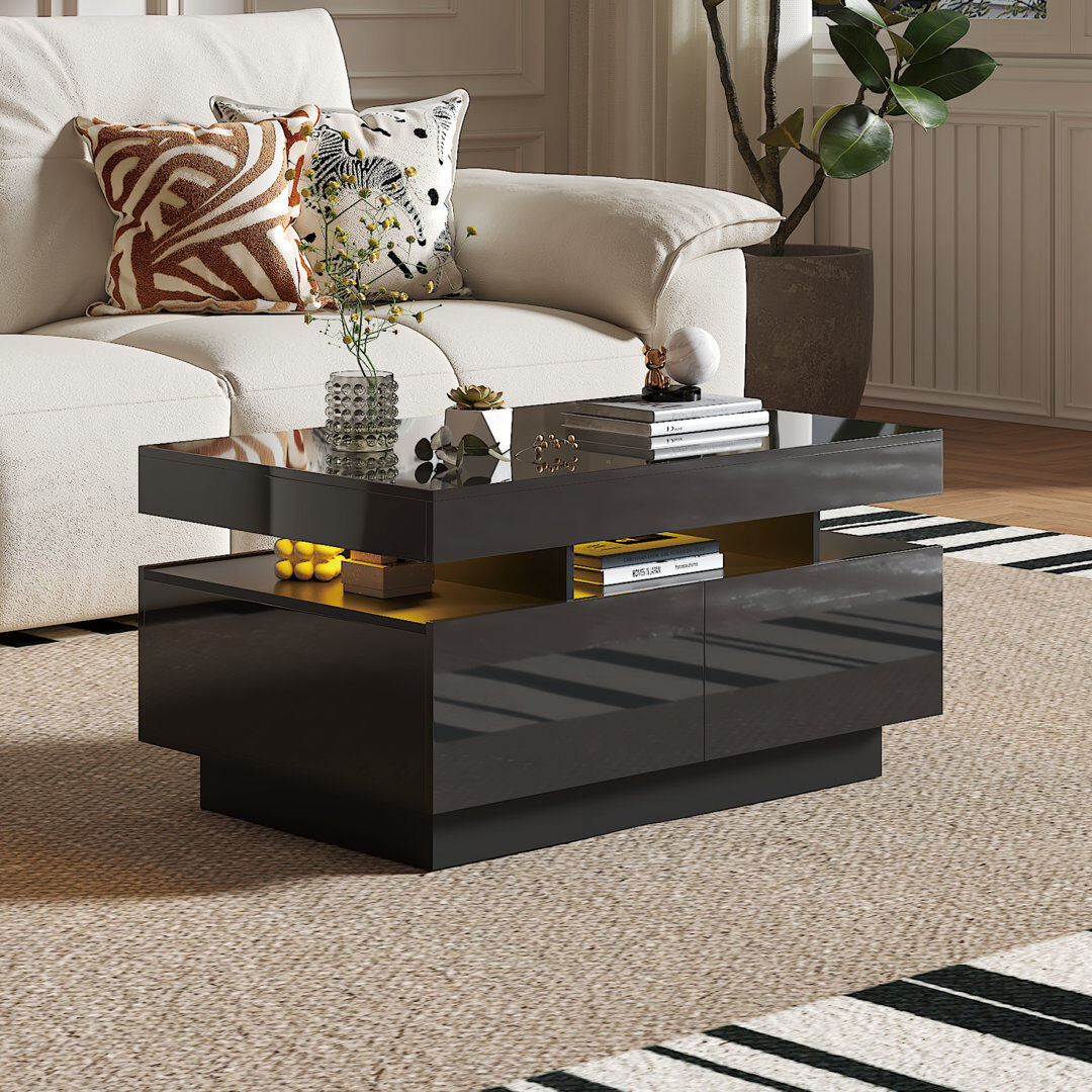 Metro Alpena Modern High Gloss Coffee Table with 4 Drawers and LED Lights Black 85cm H X 55cm W X 44cm D