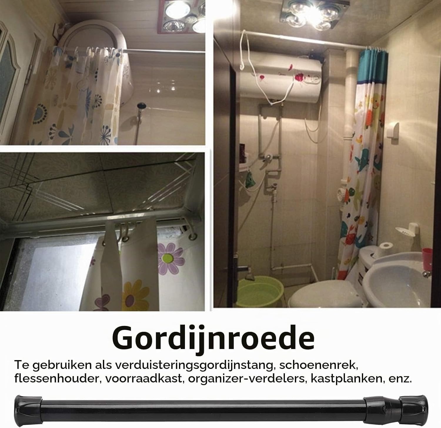 Verstelbare zwarte douchegordijnroede zonder boren voor keuken, slaapkamer en deuren