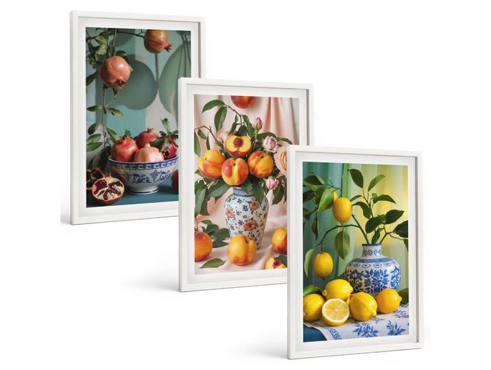 Tulup Bilder SET 3er Set - 40x60 cm Weißer Rahmen - Granatäpfel, Pfirsiche, Zitronen, Kunststoff, Rechteckig, 40x60 cm, gerahmt, Bilder & Rahmen, Bilder