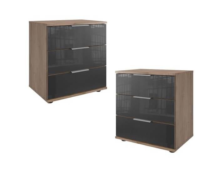 Lomadox Schlafzimmer Nachttisch Nachtschrank 2er Set 58cm hoch, Eiche und Graphit mit grauem Glas