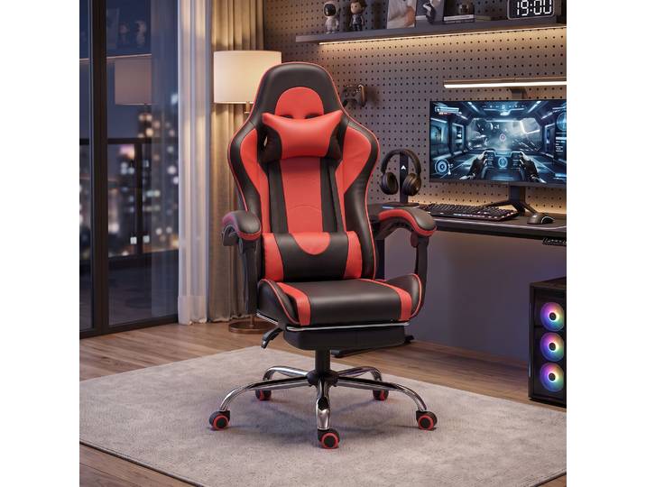 HOMCOM Chaise Gaming Massante Similicuir Rouge Repose-pieds Réglable