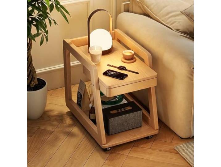 KAFHGEIN Schmaler Beistelltisch aus Massivholz mit Rollen und 2 Ebenen Kompakter Beistelltisch mit offenen Ablagen, erhöhtem Rand und Rollen für Sofa, Schlafzimmer und kleine Räume