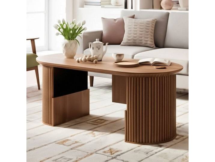 Table Basse Ovale 105 x 50 x 46.5 cm - Design Rétro - Avec Rangement - Noyer MDF