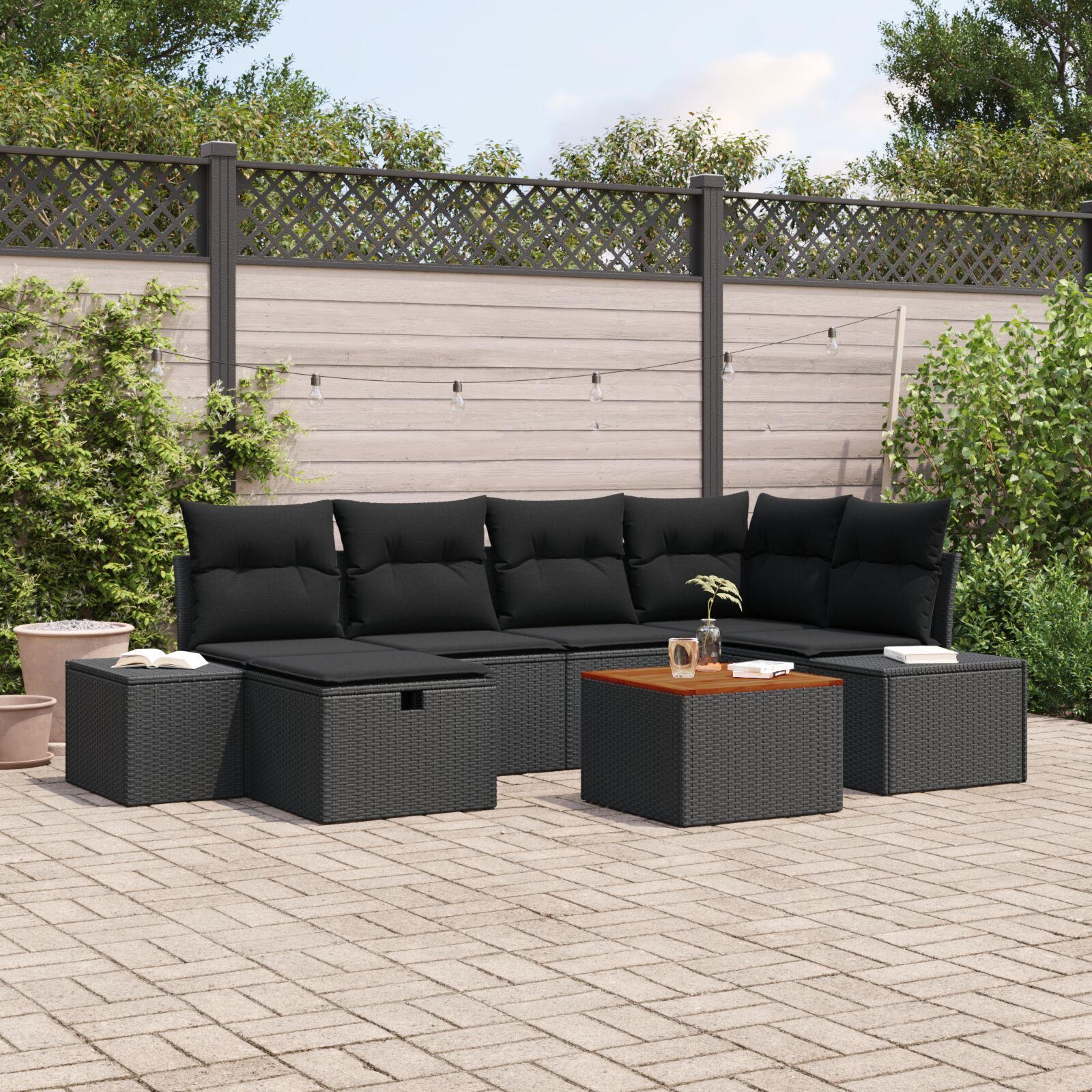 ZMH Garten-Sofaset 7-teilig Schwarz Poly-Rattan Gartenmöbel