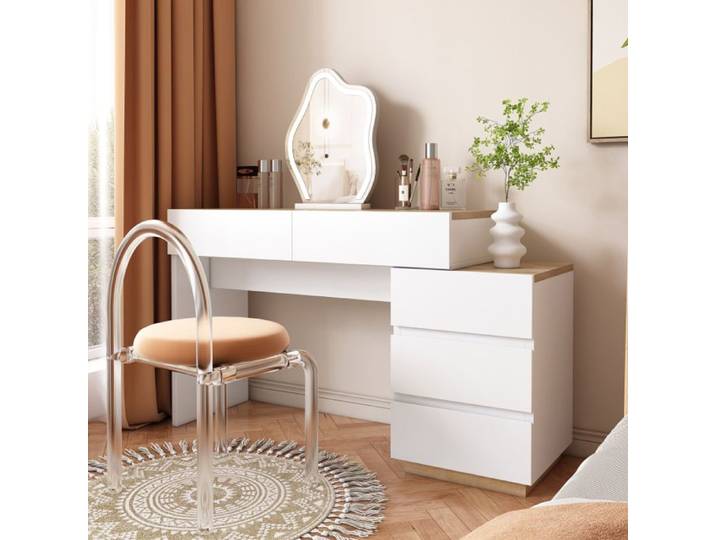 Coiffeuse 5 tiroirs - LANGTU - Style classique - blanc et chêne - aggloméré E1 - H125xL76xP38 9 cm