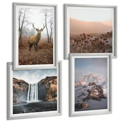 BILDER SET 4er Set - 50x50 cm & 40x60 cm Silberner Rahmen - Wilde Landschaften, Berge, Hirsche