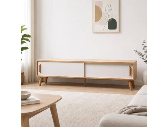 XRRJFYH TV Board Lowboard Massivholz mit Schiebetüren für Wohnzimmer Fernsehtisch 30 cm Tiefe, Hohe Beine, Fertig Montiert(White,160cm/63in)