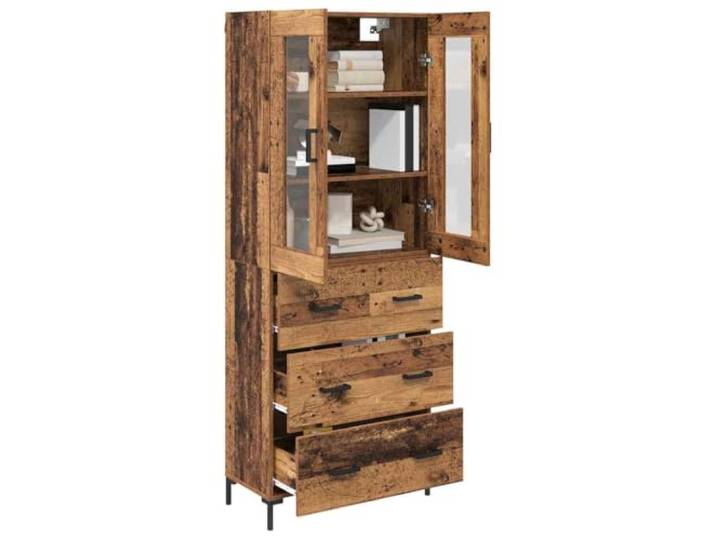 KTHLBRH Anrichte mit Schublade 2 Stück Altholz 69,5 x 34 x 180 cm Mehrschichtiges Holz, 3 Schubladen, 2 Glastüren, Wandmontage, Wohnzimmer