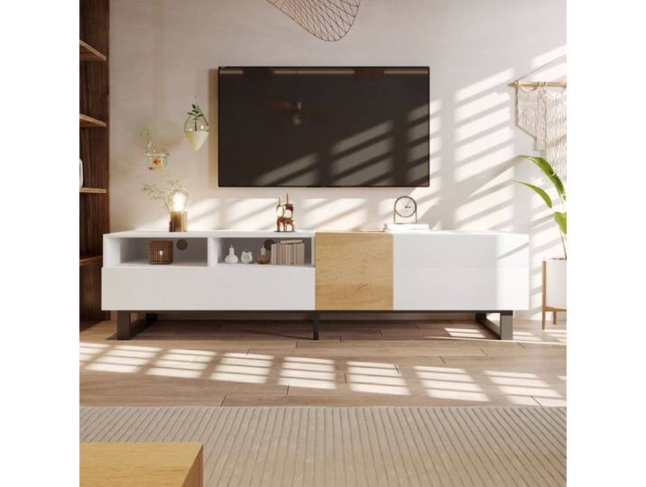 Meuble TV - 180cm - 2 Tiroirs - 2 Portes - Design Scandinave Blanc/Bois