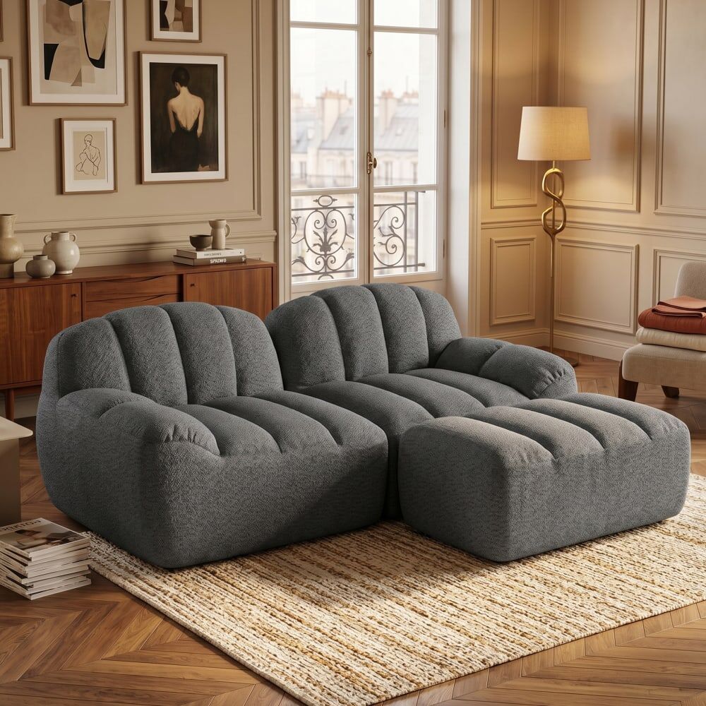 Urban Meuble Canapé modulaire 2 places gris avec pouf , tissu polaire Gris 210x79x165cm