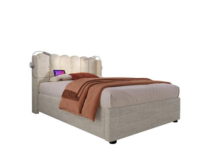 Redom Polsterbett 90/200 cm mit hydraulischem Bettkasten, Leselicht & 2 USB-Anschluss, Natur, Naturfarben, 90x200 cm, Schlafzimmer, Betten, Polsterbetten