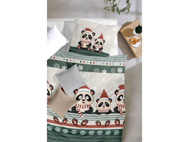 Housse de couette Feinbiber Noël Panda 155 x 220 cm + oreiller 80 x 80 cm Vert