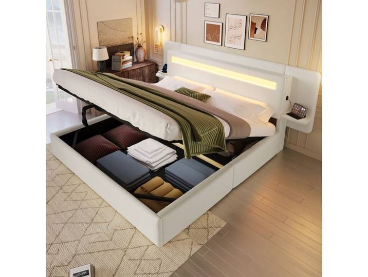 MEULVA Lit coffre rembourré 180 x 200 cm beige LED multicolore USB et table de chevet intégrée