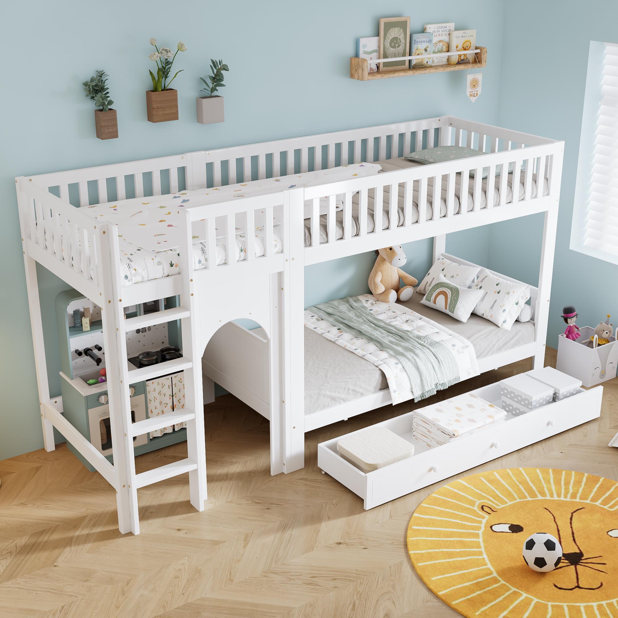 STILVORA Kinderbett 90×200cm mit vierseitigem Sicherheitsgeländer und stabiler Leiter, Etagenbett mit vierstufiger gerader Leiter für sicheren Aufstieg, Hochbett mit stabilem Lattenrost und individuell nutzbarem Bereich, Weiß