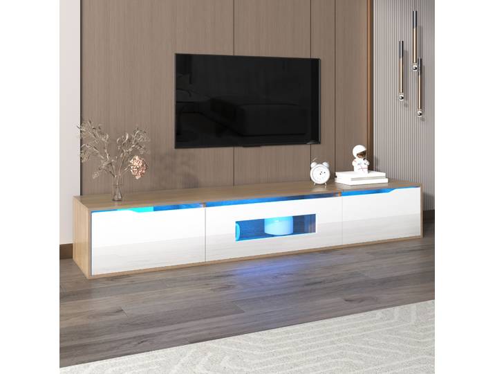 Meubliv Meuble Tv 180x35x30 Cm Blanc Et Bois – Led Multicolore