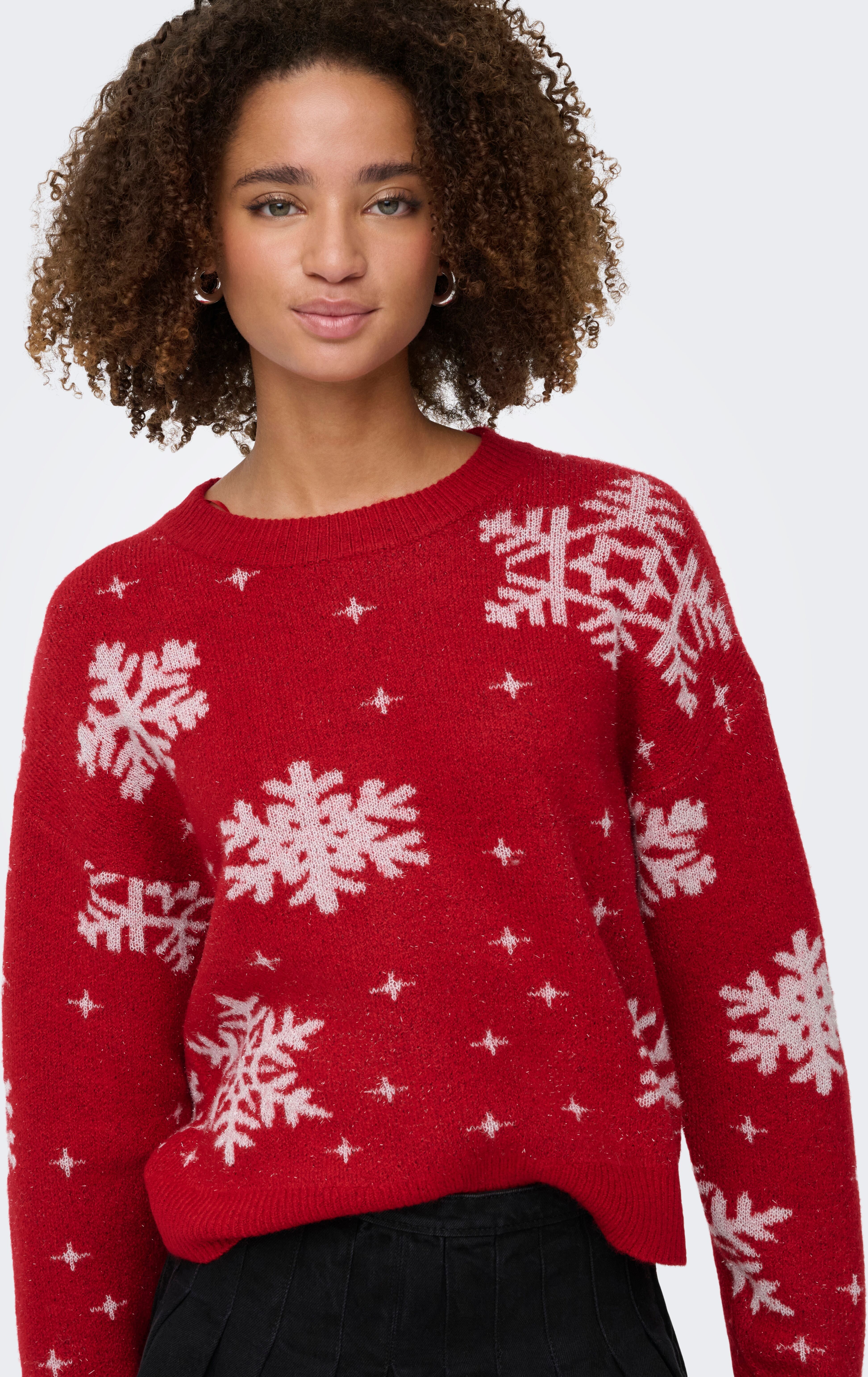 Weihnachtspullover ONLY "ONLXMAS ROLFA LS ONECK SNOWFLAKES KNT", Damen, Gr. M, rot (salsa pattern:cloud dancer glitter), Strick, Obermaterial: 56% Polyacryl, 22% Polyester, 21% metallisierte Fasern, 1% Elasthan, gemustert, regular fit, Rundhals, Rippstric