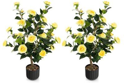 Costway 38 Inch Artificial Camellia Tree Faux Flower Plant in Cement Pot 2 Pack-Yellow