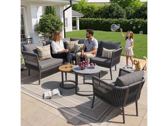Ensemble de mobilier de jardin 5 à 6 places 6 pièces comprenant un banc imperméable et des coussins gris.