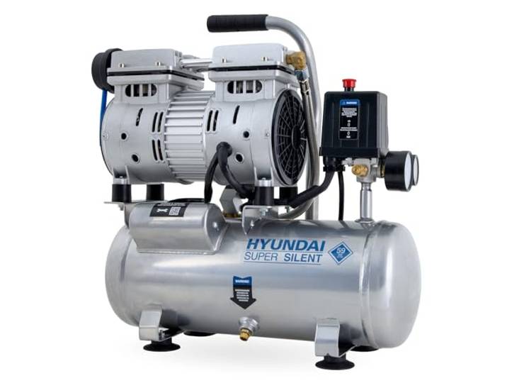 HYUNDAI Silent Kompressor SAC55751 6L Kessel, 8bar, ölfrei 0.55kW / 0.75PS Ansaugleistung 93 L/Min klein, kompakt, tragbar 59dB Luftkompressor leise, Flüster-Kompressor