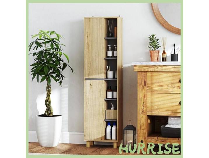 Cocosity Meuble Colonne Salle De Bain Armoire De Salle De Bain Avec 6 Compartiments Ouverts Et 2 Placards Bois Naturel