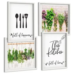 BILDER SET 4er Set - 50x50 cm & 40x60 cm Weißer Rahmen - Küchenkräuterpflanzen Beschriftungen