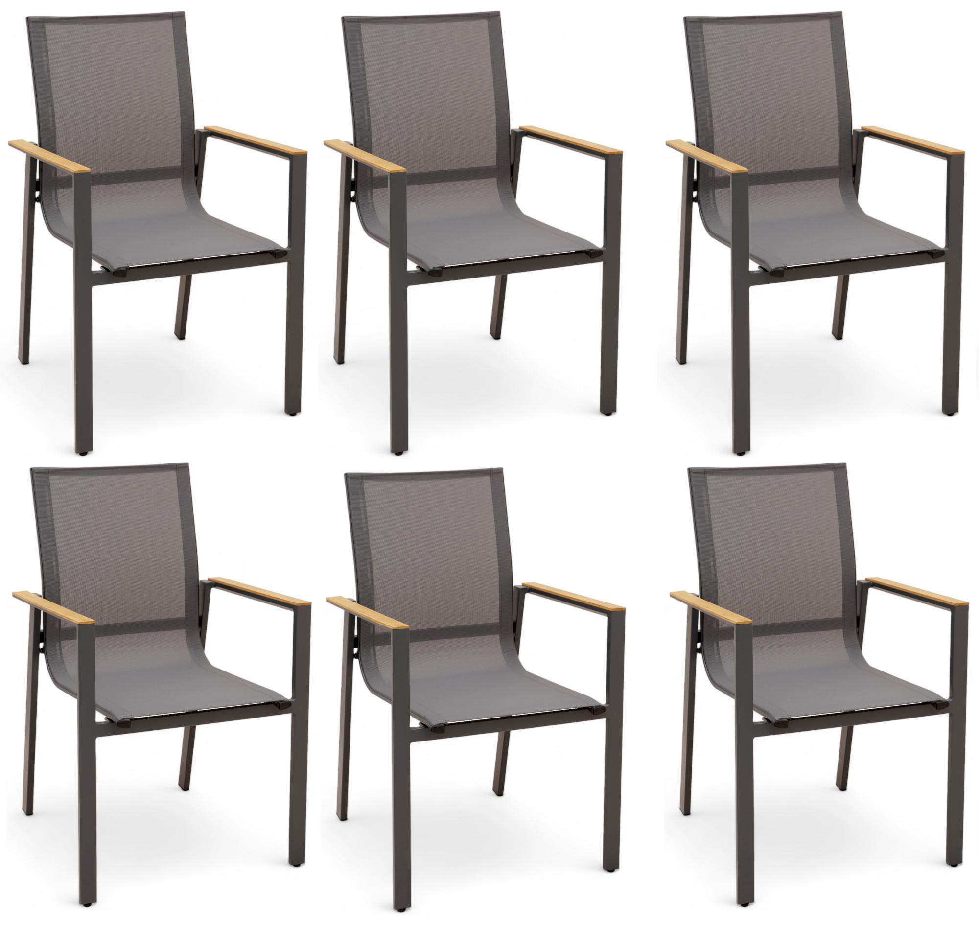 6x ALEOS. Gartenstuhl mit Armlehne Gartensessel Stapelstuhl Stapelsessel Sessel TRINIDAD Aluminium Textilgewebe Teak stapelbar