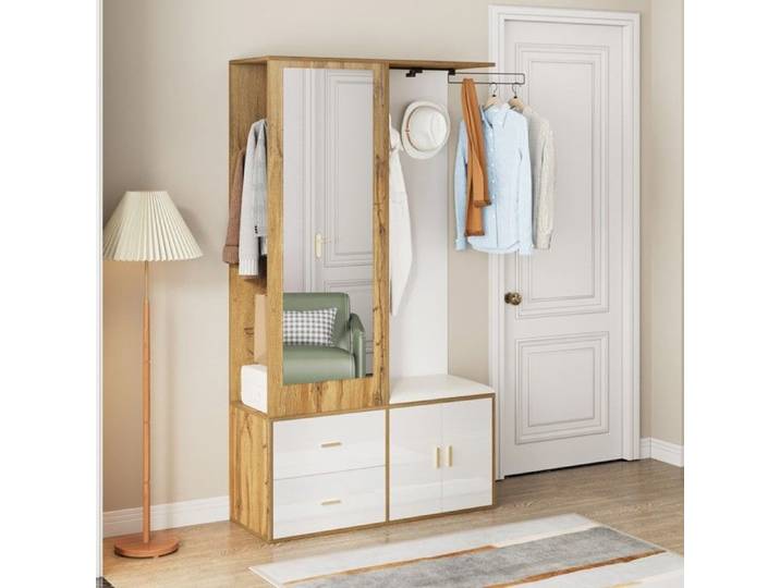Meuble entrée blanc/bois - miroir - armoire chaussures - tabouret cintres inclus - organisation pratique