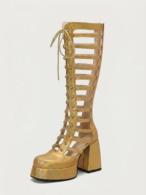 LightInthebox Women's Metallic Holographic Gladiator Knee High Boots - Platform Lace Up Cut Out Chunky High Heel Sandals for Music Festivals, Nightclubs Rave Parties