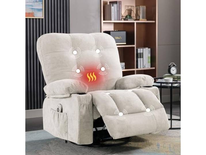 Bosmiller Relaxsessel mit Liegefunktion Elektrisch Fernsehsessel Oversize 360°Drehbarer Liegesessel mit Wärmefunktion Heizung Verstellbar Sessel Stoff TV-Sessel für Wohnzimmer, Beige
