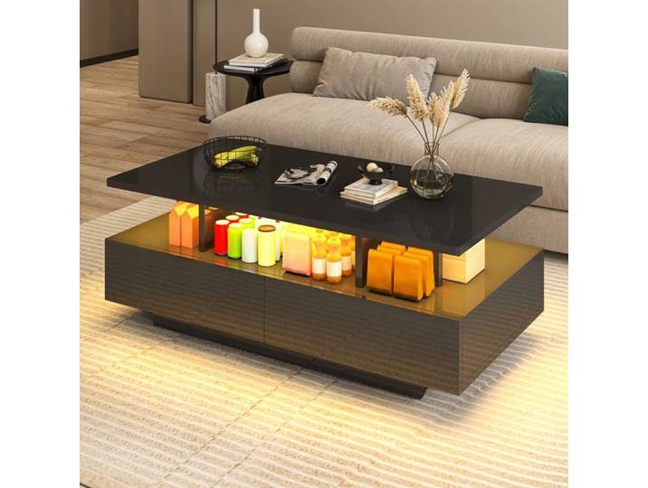 YITAHOME Table Basse LED 16 Couleurs avec Rangement 90x55x41 cm 4 Tiroirs et Étagère Télécommande MDF E1 Blanc Brillant