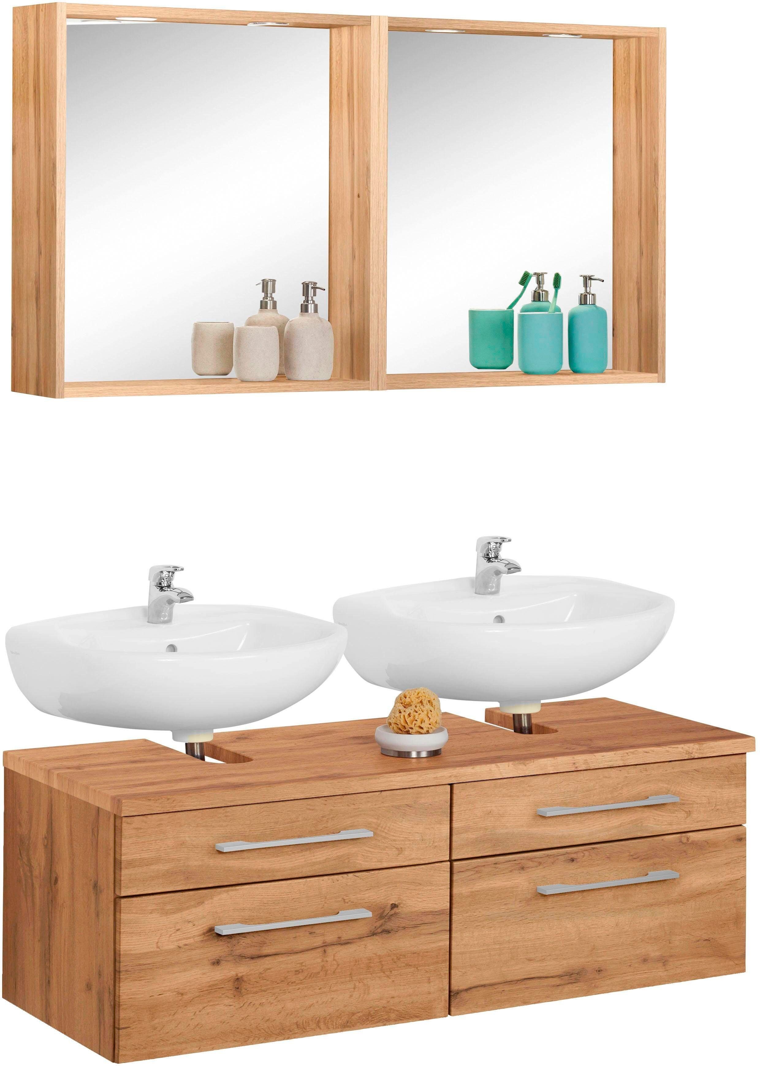 Badmöbel-Set WELLTIME "Davos", braun (eichefarben), Holzwerkstoff, Kastenmöbel-Sets, Badmöbel-Set, 2 Spiegel inklusive Beleuchtung und Waschbeckenunterschrank eichefarben Einheitsgröße