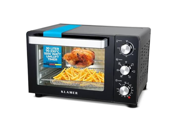 KLAMER Minibackofen mit Umluft und Drehspieß, 30 Liter für Pizza bis 30 cm 6 Heizarten mit stufenloser Temperatur von 70 bis 230 Grad, schnelle Erhitzung, 120 Minuten Timer und 3 Einschubhöhen
