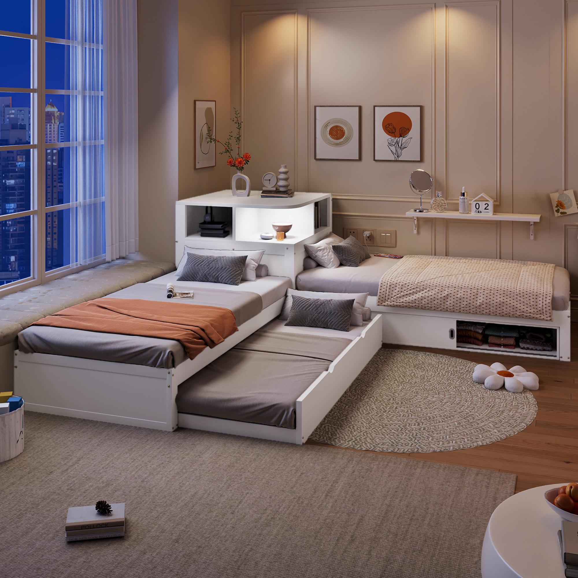 L-förmiges Plattformbett 90x200, Ausziehbett, Schiebetür-Stauraum, Nachtlicht (Grau)