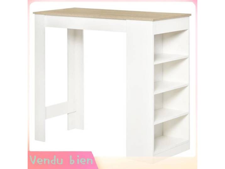 LIA Table bar 2 pers mange-debout 4 étagères blanc/bois naturel 115x50x102 7cm