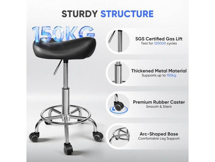 Tabouret de selle avec roues chaise de selle ergonomique réglable en hauteur 48-57 cm max 150 kg avec siège cuir synthétique