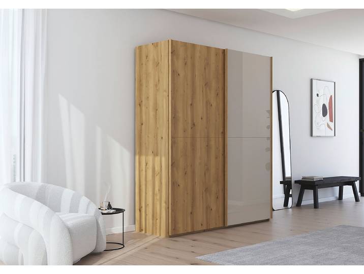 Schwebetürenschrank Scale mit Glas 181cm Holz/Beige/Kaschmir
