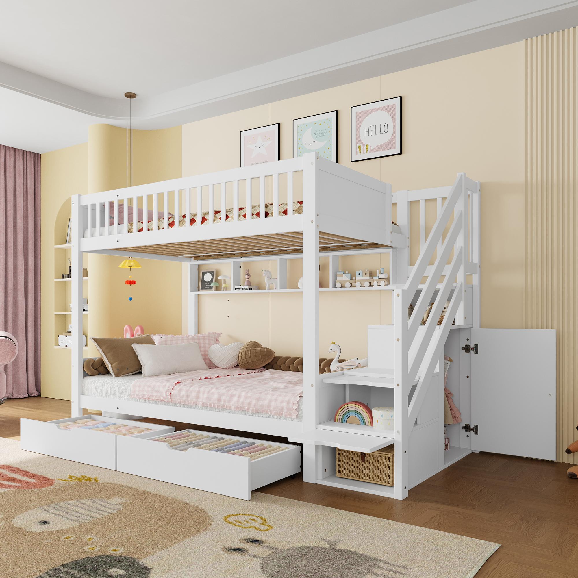 Sweiko Etagenbett(Ohne Matratze),Kinderbett,mit Schublade,mit Regal,mit Kleiderschrank,mit Staufach,90x200cm,Weiß