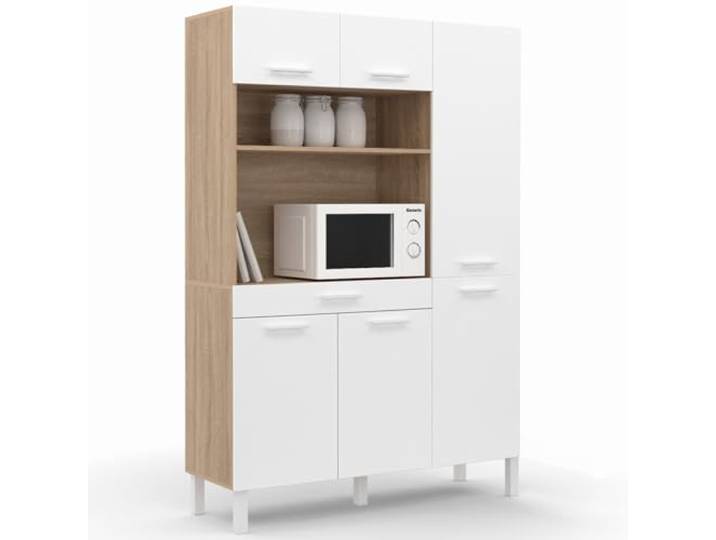 IDMarket - Küchenbuffet mit Aufbewahrungssäule 120 cm CINA 6 Türen + Schublade in Buche und weißer Farbe