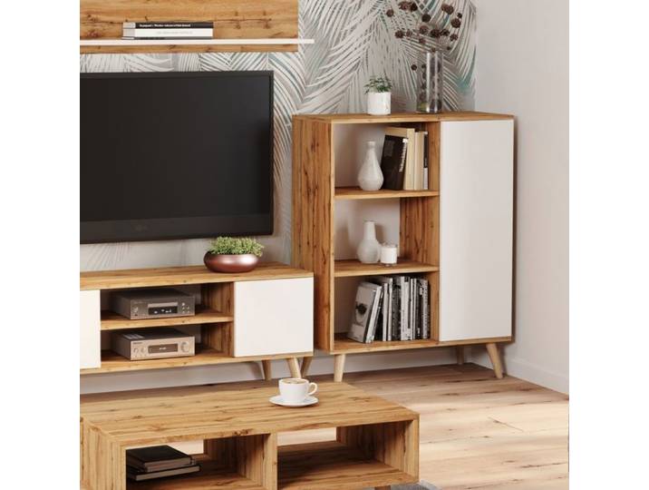 FONDI Meuble Buffet commode armoire 1 porte et 3 étagères - chêne de wotan / blanc - L 90 x P 40 x H 116cm