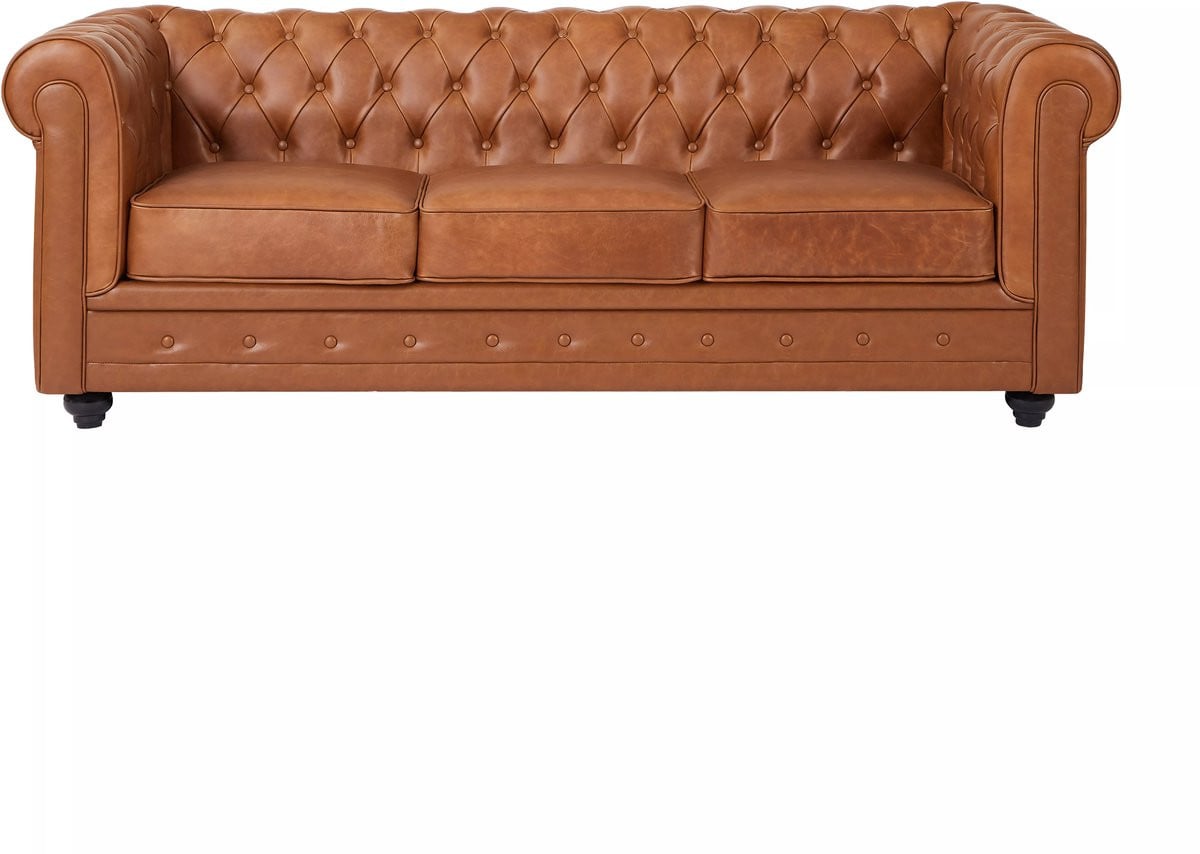Chesterfield driezitsbank van camelkleurig vaarsleer