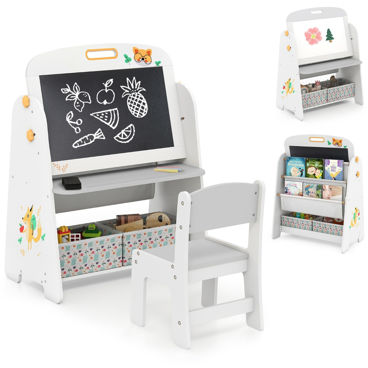 Costway Kinderstaander met Stoel, Kindertafel met Boekenrek, Magnetisch Krijtbord en Whiteboard, Grijs