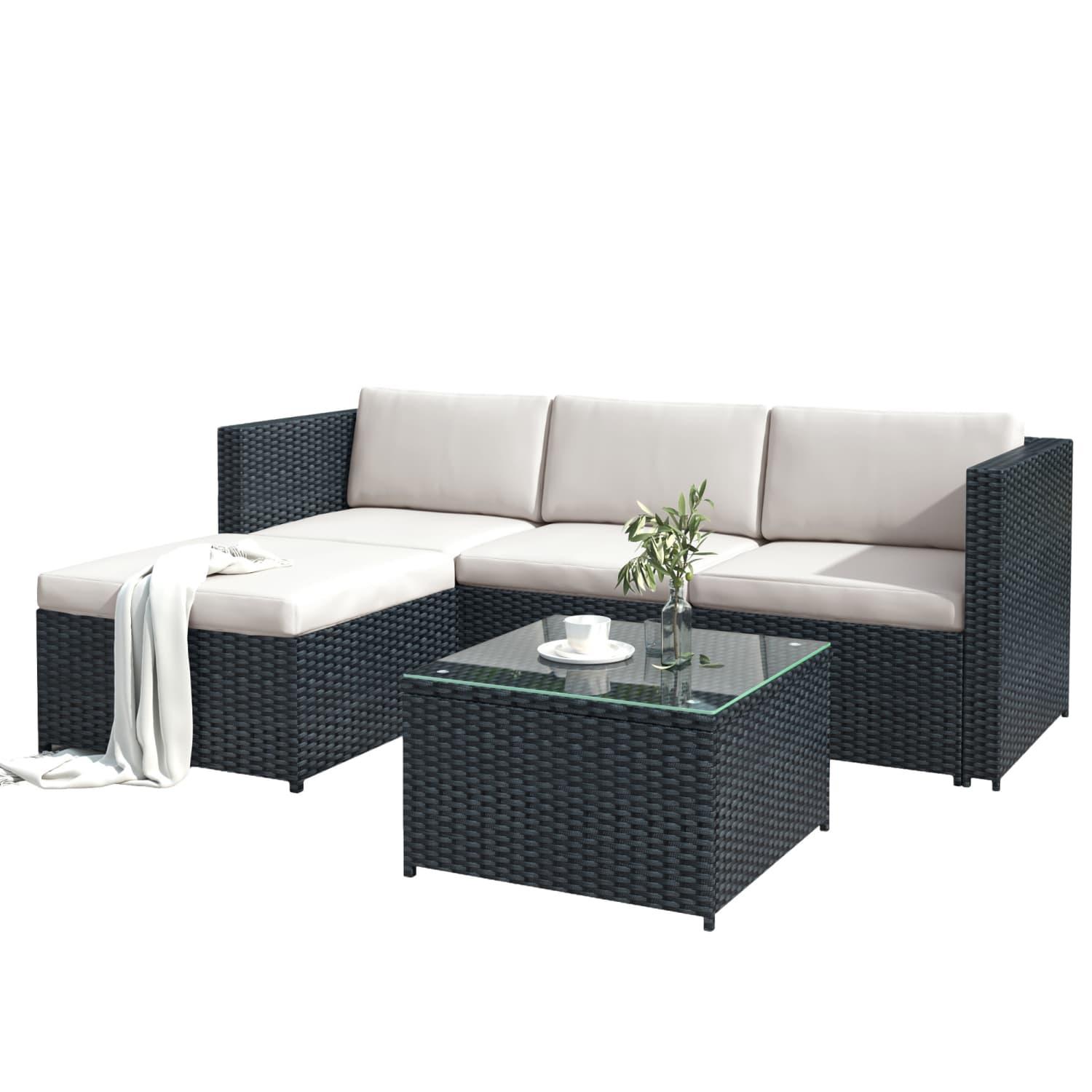 Polyrattan Lounge-Sofagarnitur, Lounge-Gartenmöbel, Ecksofa, Couchgarnitur mit Sitz- und Rückenkissen, Lounge-Tisch mit Glasplatte, Schwarz