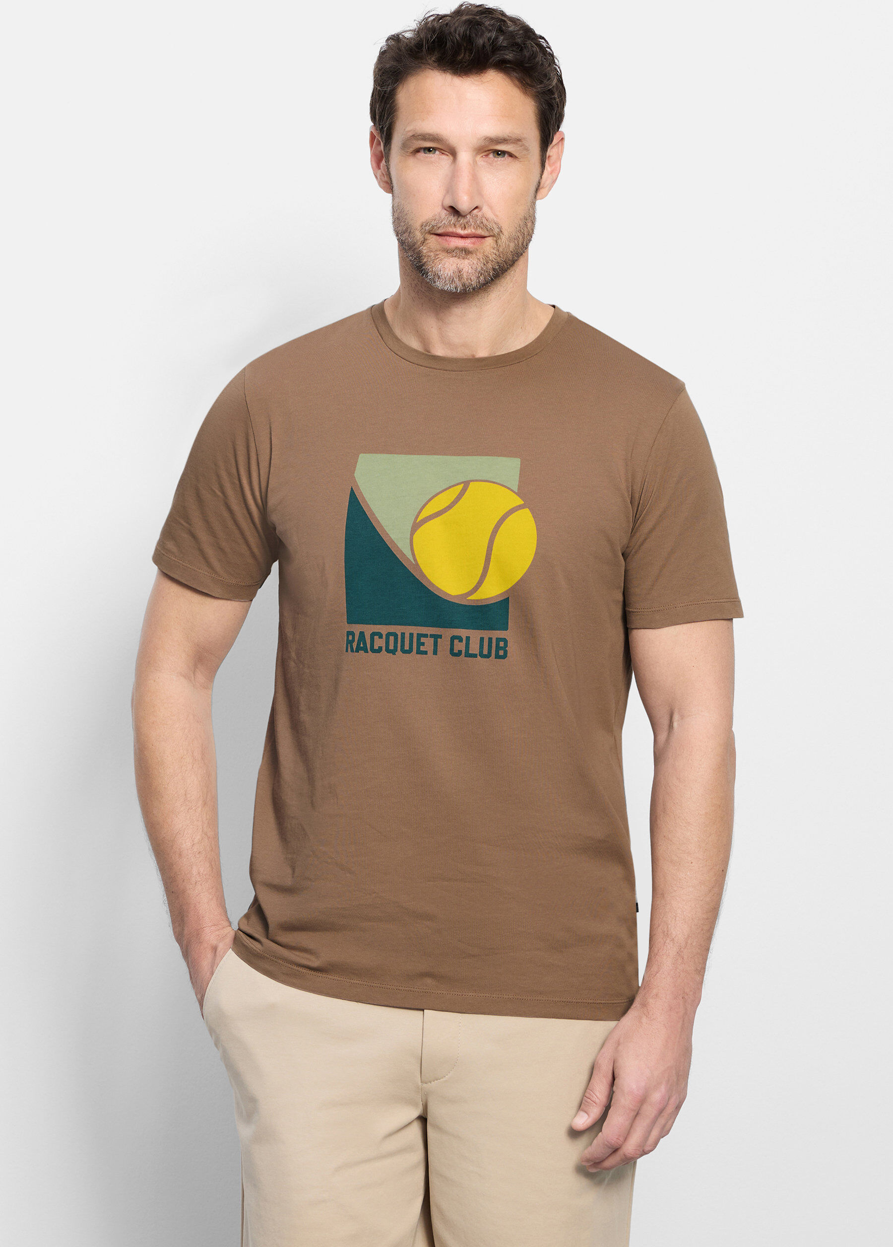 T-Shirt OLYMP "OLYMP Casual Wirk, T-Shirt", Herren, Gr. M, braun (natur), 100% Baumwolle, Shirts T-Shirt