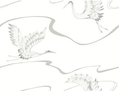 Inspired by Color Soaring Cranes White & Silver Wallpaper